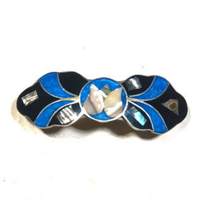 Abalone Shell Hair Barrette Tension Clip Black Blue Silver Tone Tulip
